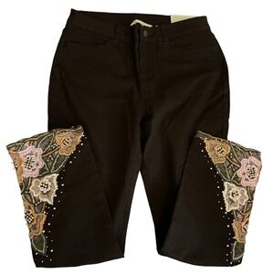 Soft Surroundings Jeans Womens 8 P Straight Leg Ankle Brown Embroidery